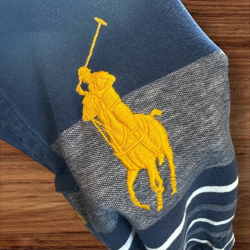 Ralph Lauren Custom Fit Long‎ Sleeve Polo Shirt Navy White Stripe Pony Crest M